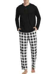 Vlazom Herren Pyjama Set Lang Zweiteiliger Schlafanzug Herren Kariert Flanell Hose und einfärbiger T-Shirt L Stil A-schwarz Top+schwarz Karierte Hose