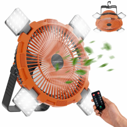 Qoosea Camping Ventilator 3 IN 1 8000mAh Campingventilator Leise mit LED Licht für Zelt USB Tischventilator mit Haken Fernbedienung Tragbarer Ventilator für Outdoor Angeln Auto Haus Büro Orange