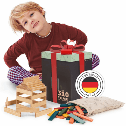 Laleni Bausteine Set | Bausteine Holz Natur 220 Stück + Bauklötze Holz Bunt 90 Stück aus 100% Kiefer | Holzklötze für Kinder | Holzklötzchen zum Spielen mit Box | Holzspielzeug | Holzstäbe zum Basteln Set 310 Steine Bunt + Natur
