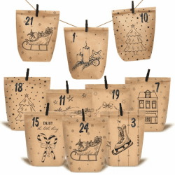 KOHMUI Adventskalender zum Befüllen, 24 Weihnachtskalender Papiertüten zum Selber Basteln, DIY Geschenktüten zum selbst füllen, Kraftpapiertüten Advents Tüten Selbstbefüllen für Kinder & Erwachsene Braun mit Weihnachtsleben Schwarz
