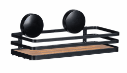 WENKO Static-Loc® Plus Wandablage Mod. Alba, Badezimmerablage aus lackiertem Stahl & Bambus, Befestigen ohne Bohren, sicherer Halt durch statische Haftung, 26,5 x 12,5 x 11 cm, Schwarz/Natur