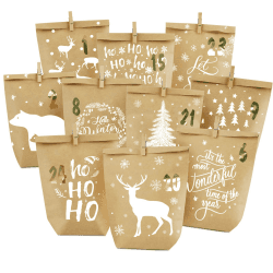 Adventskalender Tüten zum Befüllen, Weihnachtskalender Papiertüten zum Selber Basteln, DIY Advents Kraftpapiertüten Selbstbefüllen zum selbst füllen, 24 Bedruckte Geschenktüten für Kinder Erwachsene Weihnachten - Winter Weiß