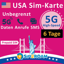 USA Prepaid SIM Karte | Unbegrenzte 5G/4G LTE Hochgeschwindigkeits Internetdaten in den USA (einschließlich Hawaii) | Unbegrenzte Anrufe und Textnachrichten (SMS) | Wieder auffüllbar! (6 Tage) 6Days