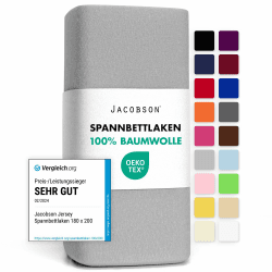 Jacobson Jersey Spannbettlaken Spannbetttuch Baumwolle Bettlaken (120x200-130x200 cm, Grau) 120x200 - 130x200 cm Grau