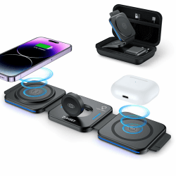 ZUMSEY 3 in 1 Faltbare kabellose Reiseladestation, Apple Ladestation Für Apple Watch und iPhone iPods, Wireless Charger für iPhone 16 15 14 13 12 Pro Max Plus/iWatch 10/9/Ultra/8/7/6/SE/5/4/3/AirPods Schwarz