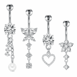 Crdifu Bauchnabelpiercing 10mm Silber Bauchpiercing Chirurgenstahl Herz Schmetterling Blume Anhänger Piercing Bauchnabel Schmuck Damen 4stück Dangle-silber