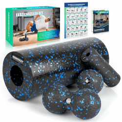 nooncrazy Faszienrolle Set mit Kordelzugbeutel und Training Posters, Faszien Set mit Faszienball Faszienrolle Klein und Duoball für Faszien Training von Muskeln, Bindegewebe und Stoffwechsel Schwarz-blau