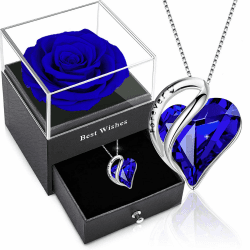 Ewige Rose mit Kette Ssaphirblau,Blau Infinity Rose mit Geburtsstein Kette,Königsblau Konservierte Rose Geschenkbox,Kristall Herz Halskette,Damen Weißgold Anhänger am Valentinstag Weihnacht Muttertag Blaue Rosen