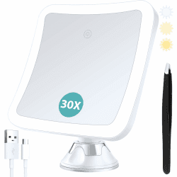 B Beauty Planet Vergrößerungsspiegel mit Licht,30 Fach Vergrößerung, Beleuchteter Make-up-Spiegel mit Touch Control und Saugnapf, Wiederaufladbar, 360° Drehbar, Badezimmer und Reise, Quadratisch 30X-1500mAh Lithium Batterie