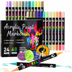 TrendGate 48 Farben 24 Stück Acrylstifte für Steine Wasserfest, Doppelspitzen Doppelte Farbe Stifte Bemalen , Holz, Leinwand, Glas, Papier, Keramik, Ostereier, Deko 24 Stück 48 Farben