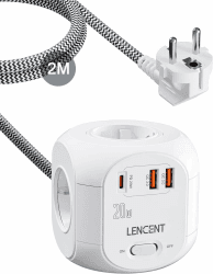 LENCENT 4 Fach Steckdosenleiste Steckdosenwürfel Typ-C PD20W Mehrfachsteckdosen 7 in 1 Cube Steckdose Steckerleiste mit 2 USB 3.0 & 1 PD20W, USB Mehrfachstecker mit 2 Meter Geflochtenem Kabel 2 Meter PD20W