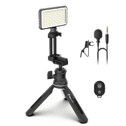 DigiPower Vlogging Kit Instructor mit LED Videoleuchte, Clip-on Lavalier Mikrofon, Handy + Kamera Halterung, Handgriff/Mini-Stativ, für Smartphones + Kameras, für TikTok, YouTube, Streaming, Meetings Profi Vlogging Set "Instructor"