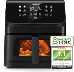 COSORI Heißluftfritteuse Airfryer, 12-in-1 Air Fryer XXL 6,2L, Heissluftfritteuse mit Sichtfenster & Shake-Reminder, 80 Rezepte, 55 Prozent energiesparend, spülmaschinenfeste Körbe Schwarz Clear Blaze
