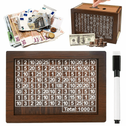 AUSYIWI Spardose Holz, Sparbox mit Zahlen Ankreuzen, Goalsaver Box, Spardose Mit Zähler, Spardose Kinder, Sparziel Sparschwein Mit Marker, Wiederverwendbare Spardose (1000€)