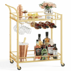 VASAGLE Servierwagen, Rollwagen, Gläserhalter, 2 verspiegelte Glasablagen, Barwagen, Weinwagen, für Küche, Esszimmer, Bar, goldfarben LRC092A62 38 x 60 x 90 cm Goldfarben