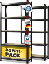 Floordirekt Schwerlastregal, 2er Set, schwarz 150 x 75 x 30 cm Steckregal, Kellerregal, Lagerregal, Werkstattregal, Werkbank - 5 verstellbare Böden (Lakota) 150 x 75 x 30 cm Schwarz