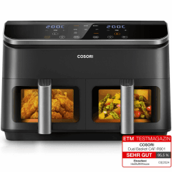 COSORI Heißluftfritteuse 2 Kammern Airfryer, 8-in-1 Dual Zone Air Fryer XXL 8,5 L, Heissluftfritteuse Doppelkammer mit Sichtfenster für ausgewogene Mahlzeit, 50 Rezepte, energiesparend, 1-5 Personen Sichtfenster 8.5 L Schwarz