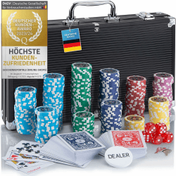 Profi Pokerkoffer Pokerset inkl. 300-500 Chips hochwertigen Pokerchips; Pokerdeck, Kartendeck, Pokerkarten, Würfel, Dealer-Button; abschließbar Alu-Koffer; Casino für Zuhause (Schwarz, 300 Chips) Schwarz 300 Chips