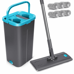 MASTERTOP Flacher Wischmopp Set mit Eimer, 2 in 1 Putzeimer mit Wischmop, Bodenwischer mit 6 Mikrofaser Wischpads und Edelstahlgriff, Wischmopp mit Auswringfunktion für Alle Bodentypen, Grau+Blau Wischmopp Set:Blau