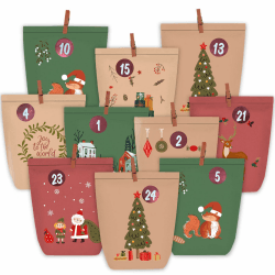 KOHMUI Adventskalender zum Befüllen, 24 Weihnachtskalender Papiertüten zum Selber Basteln, Adventstüten mit 1-24 Zahlensticker zum Selbst Füllen Bunt Papier