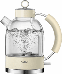 Wasserkocher Glas, ASCOT Elektrischer Wasserkocher Edelstahl, 2200W, 1,5L, Retro Design, BPA frei, leiser Schnellkochkessel, kabelloser Teekessel, Trockengehschutz und automatische Abschaltung Creme