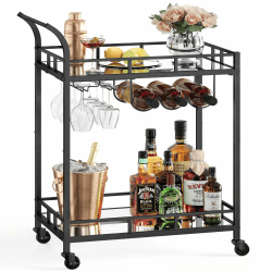 VASAGLE Servierwagen, Rollwagen, Gläserhalter, 2 verspiegelte Glasablagen, Barwagen, Weinwagen, für Küche, Esszimmer, Bar, schwarz LRC092B62 38 x 60 x 90 cm Schwarz