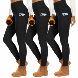 HIPOWER 3er Pack Thermoleggings Damen Mit Taschen Leggings Gefüttert Winter High Waist Fleece Warme Leggins Blickdicht Schwarz Sport Thermounterwäsche Laufhose Yogapants XXL A-schwarz*3