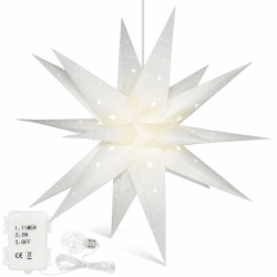 Qijieda 3D Weihnachtsstern Beleuchtet Außen Batterie mit Timer - 58cm led Weihnachtsstern für Fenster, Adventsstern Stern Zum Dekorieren von Innenhof, Balkon Und Garten (White) φ58 X 58cm Weiß