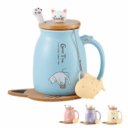 Geschenke für Frauen Katzen Tasse Süße Keramik Kaffeetasse mit deckel Edelstahl Löffel Lustige Weihnachten Geschenke Neuheit Morgen Cup Tee Milch Teetasse mit Deckel und Sieb 380ML Blau