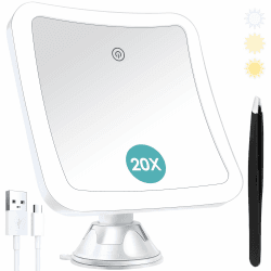 B Beauty Planet Vergrößerungsspiegel mit Licht, 20 Fach Vergrößerung, Beleuchteter Make-up-Spiegel mit Touch Control und Saugnapf, Wiederaufladbar, 360° Drehbar, Badezimmer und Reise, Quadratisch 18.5L x 16.2B cm