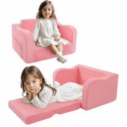 MeMoreCool Kindersofa Kindersessel Ausklappbar, Bequemes Bettsofa für Kleinkinder, 2-in-1 Schlafsofa für Kuschelecke Kinderzimmer, Mini Baby Sofa mit Schlaffunktion für Jungen und Mädchen, Rosa