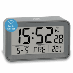 ADE Digitaler Funkwecker mit Licht | Temperaturanzeige und Kalender | kompakter Reisewecker | hübsches matt graues Gehäuse | mit Batterie Grau Matt