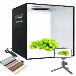 PULUZ Fotostudio Lichtbox Fotobox 40x40x40cm Tragbarer Fotografie Lichtzelte ​Light Box mit 3 Farbtemperaturen dimmbarem Ring LED-Licht 12 Farben 40cm Schwarz