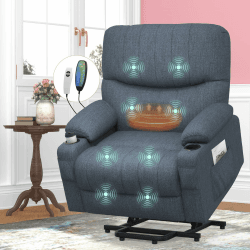 SQUEBILIFE Fernsehsessel Relaxsessel Massagesessel mit Wärmefunktion Aufstehhilfe Liegefunktion, Elektrisch Verstellbar Relaxsessel TV Sessel Wohnzimmer mit USB & Typ-C & Becherhalter & Tasche Stoff Navyblau