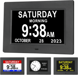 Hiseeyo 7 Zoll Wecker Digital mit Automatische Helligkeitsanpassung, Leiser LCD-Display-Wecker mit Luftfeuchtigkeit und Temperatur für Erwachsene und Kinder und Alzheimer-Krankheit (Schwarz)