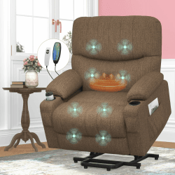 SQUEBILIFE Fernsehsessel Relaxsessel Massagesessel mit Wärmefunktion Aufstehhilfe Liegefunktion, Elektrisch Verstellbar Relaxsessel TV Sessel Wohnzimmer mit USB & Typ-C & Becherhalter & Tasche Stoff Braun