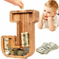 Summidate Spardose für Kinder Junge, Personalisiert Holz Großes Sparschwein, Unzerbrechliches Buchstabe A-Z Sparbüchse für Kinder Mädchen, Erwachsene, Geschenk&Dekoration(Initialen-J)