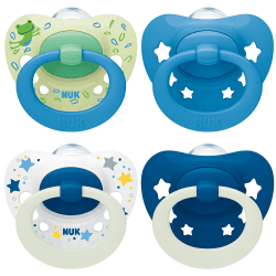 NUK Signature Day & Night Babyschnuller | 18-36 Monate | Beruhigt 95 % der Babys | BPA-freie Silikonschnuller in Herzform | Leuchtet im Dunkeln | Sterne | 4 Stück Blau 18m+