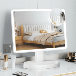 FUNTOUCH Großer Beleuchteter Schminkspiegel mit Licht (XL-Modell) – 3 Farben Beleuchteter Spiegel mit 88 LEDs, 360° Drehbarer Touchscreen, 10 Fache Vergrößerung, Tragbarer Tisch Kosmetikspiegel 3-farben-beleuchtung Weiß