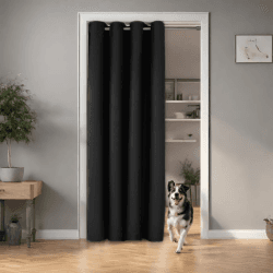 tinycurtains Türvorhang mit Teleskopstange, einfache Montage in nur 1 Minute ohne Bohren (Türvorhang schwarz + Klemmstange Silber - Vorhang 200 x 150 cm (HxB) + Stange 70-120 cm) H200 x B150 cm (1er Pack) Türvorhang Schwarz + Stange Silber