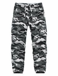 APTRO Herren Cargo Hose Camouflage Freizeithose Elastische Taille Arbeitshose Lange Baumwolle Jogginghose mit 8 Tachen LT23 XL Lt41 Camo Grau