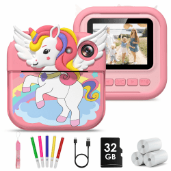 Gofunly Sofortbildkamera Kinder, 1080P 2,4 Zoll Bildschirm Kinderkamera Sofortbildkamera mit 32GB Karte, 3 Rollen Druckpapier, Kamera Kinder Sofortdruck Geschenk für Kinder 3-12 Jahren Rosa Einhorn-Stil