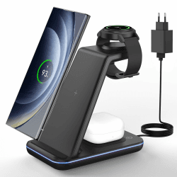 JoyGeek 3 in 1 Induktive Ladestation für Samsung, Wireless Charger für Samsung S24/S23/S22/S21/Z Flip/Fold, Induktionsladegerät für Galaxy Watch Ultra/7-4, Kabelloses Ladegerät für Galaxy Buds-Schwarz 3 in 1-EU Schwarz