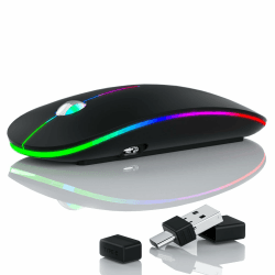 Uiosmuph U20 LED Kabellose Maus, 2.4GHz Leise Funkmaus Ergonomisch mit USB-A & USB-C Empfänger, 4800 DPI PAW3212 Optisch Sensor Wiederaufladbare Maus für Laptop Computer PC Mac, schwarz matt
