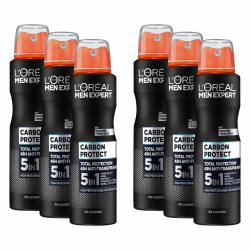 L'Oréal Men Expert Deo für Männer, 5-in-1 Deospray gegen Geruchsbildung, Nässe, Bakterien und weiße Rückstände für bis zu 48 Stunden Frische, Carbon Protect, 6 x 150 ml