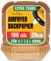 Backpapier für Heißluftfritteuse, 100 Stück - 20-24 cm Quadrat für 5.7-9 L Körbe - Ungebleichte Airfryer Backpapier - Ideal für Ofen, Pfannen und Backen - Einfach zu Reinigen von Baker's Signature Quadrat/ 20cm - 100 stk