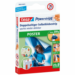 tesa Powerstrips POSTER - Doppelseitige Klebestreifen für Poster und Plakate - Selbstklebend und spurlos wieder ablösbar - Bis zu 200 g Halteleistung - 20 Stück 20 Powerstrips Single