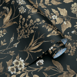 Fiula Selbstklebende Tapete Blumen Blätter Vinyl Klebefolie Blumentapete 44CM*3M Wasserdicht Wandschutzfolie Schlafzimmer Wohnzimmer Möbelfolie Wandtapete Klebetapete Schwarz Gold Dekorfolie Floral 44B x 300L cm Schwarz