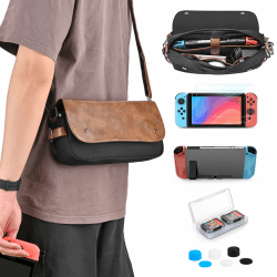 Younik Switch Tragetasche für Switch 2017, Switch Tasche mit verstellbarem Schultergurt, 14-in-1-Switch-Kit mit Reisetasche und Schutzhülle, Displayschutzfolie, J-Con-Abdeckungen und Spielkartenetui Braun 14 in 1