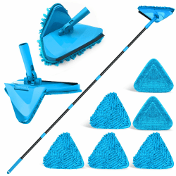 NEWE Wand Mop mit 202 cm Langem Griff, 180° Klappbares Bodenwischer Wischmopp mit Rakel, Dreiecksmopp mit 4 Chenillepads und 2 Mikrofaserpads zum Waschen für Gemalte Wände, Decke (Blau)